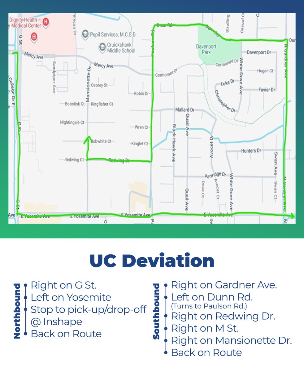 mercedthebus's tweet photo. 🚨 Route Deviation Notice 🚨

Route M3 is on a temporary detour until further notice due to utility work on Olive Ave &amp; M St. Please follow posted detours and allow extra travel time.

We appreciate your patience and apologize for the inconvenience. 🚍 https://t.co/XDEkIML2py