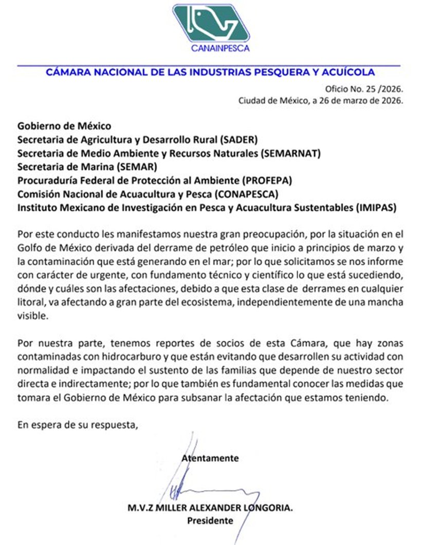 Llamado de <a href="/canainpescamx/">CANAINPESCA</a> al <a href="/GobiernoMX/">Gobierno de México</a> ; preocupa la contaminación por derrame de petróleo que impacta negativamente a la pesca en el #GolfodeMéxico. Exige que informen y atiendan: <a href="/Agricultura_mex/">Secretaría de Agricultura y Desarrollo Rural</a> <a href="/SEMARNAT_mx/">SEMARNAT México</a> <a href="/SEMAR_mx/">SEMAR México</a> <a href="/PROFEPA_Mx/">PROFEPA</a> <a href="/Conapesca/">Conapesca</a> <a href="/IMIPASmex/">IMIPAS</a>.