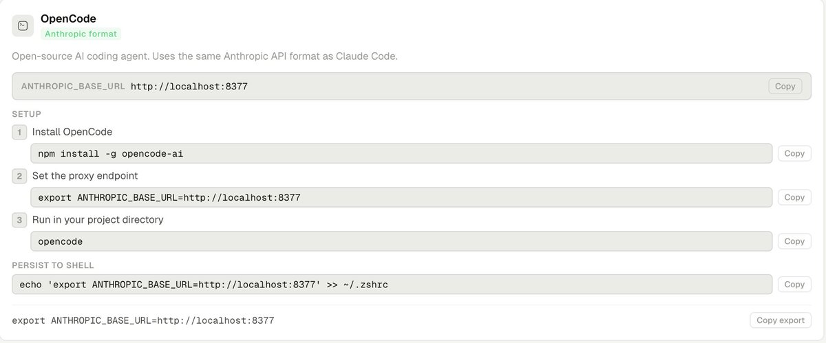 If your tool has a base URL field, it works with AntSeed.
<a href="/cursor_ai/">Cursor</a>, <a href="/opencode/">OpenCode</a>, <a href="/continuedev/">Continue</a>, Aider, Claude Code. All of them. One local proxy, every request routed through decentralized inference.