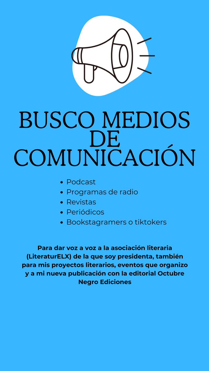 📚✨ llamamiento a medios de comunicación y creadores culturales 📚

Estoy buscando podcasts, revistas, canales de YouTube, creadores de contenido... interesados en dar voz a 
mi asociación <a href="/Literaturelx_/">LiteraturElx</a>, los eventos que organizo y a mis proyectos. 

¿Me ayudáis a difundir? 💙