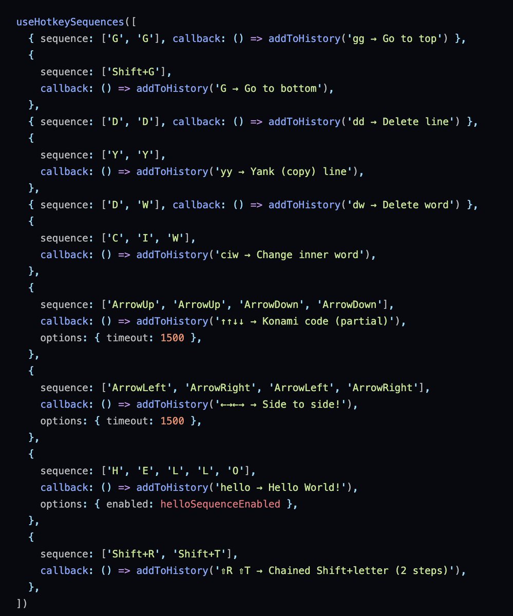 tan_stack's tweet photo. If you need to register multiple or a dynamic/arbitrary amount of hotkeys (i.e. from an API or storage), that is now a lot easier with the `useHotkeys` and `useHotkeySequences` hooks which take an array of hotkeys or hotkey sequences to register. https://t.co/mpsmQCtb8B