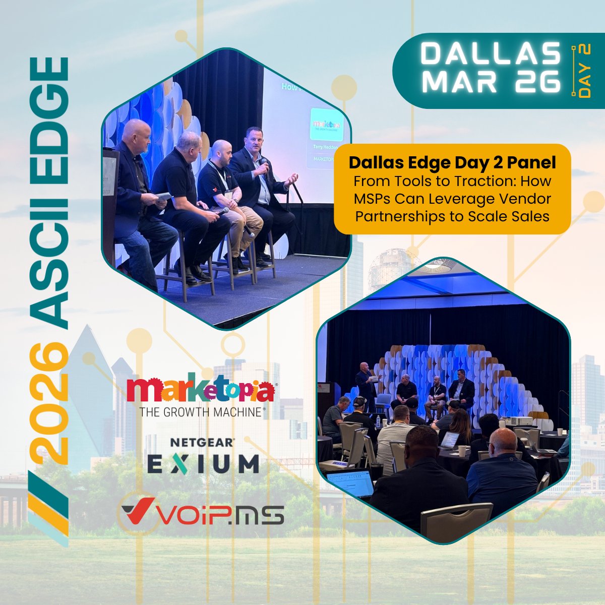 asciigroup's tweet photo. #ASCIIEdge Day 2’s panel, From Tools to Traction, did not disappoint, bringing real perspective on how #MSPs can turn vendor partnerships into meaningful sales momentum.

Meanwhile, the Solutions Pavilion is live and buzzing, with conversations happening at every turn.

Still ahead this afternoon: sessions on M365 threats, AI-powered marketing, VMware licensing shifts, and a peer keynote on launching AI services that deliver.

Plenty more ahead as the day continues to unfold in #Dallas!

@MarketopiaTGM @NETGEAR @voipms