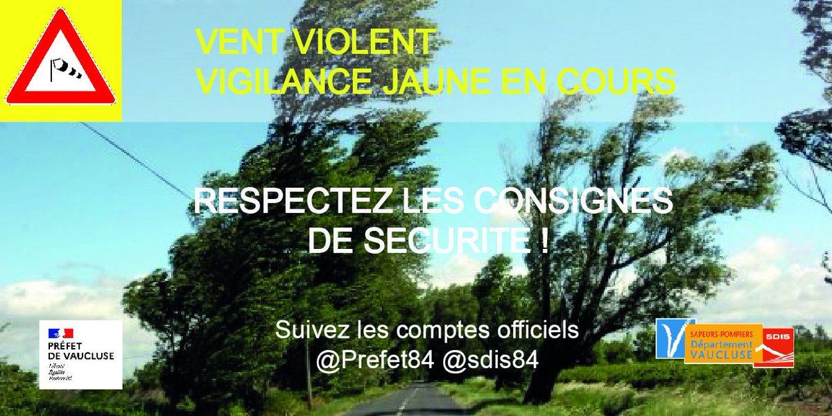 sdis84's tweet photo. 🟡#vigilancejaune #VentViolent
Les bons réflexes :
🏡je range ou fixe les objets exposés dans mon jardin
🌳je fais attention aux chutes d'arbres et objets
🚘si je suis en voiture, je limite ma vitesse
🚶♀️si je suis à pieds, je limite mes déplacements
ℹ️ je reste informé
@Prefet84 https://t.co/PVBRSpdl79