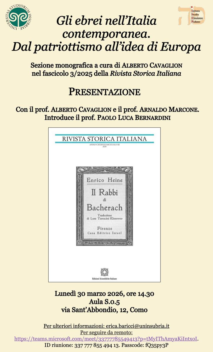 Presentazione del fascicolo 3/2025 della "Rivista Storica Italiana" apparso da poco. L'appuntamento è lunedi' 30 marzo, ore 14:30, a Como e da remoto