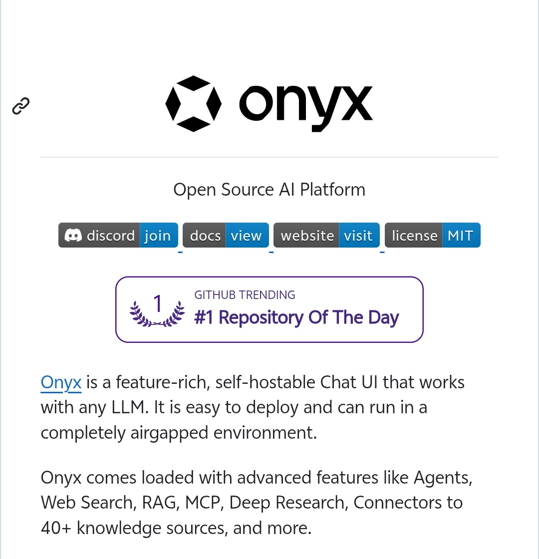 umarhashmi_dev's tweet photo. An open-source alternative to Claude (18k+ stars)
https://t.co/BJFcc9dpRY
Onyx is a self-hostable chat for any LLM. It ships with agents, RAG, deep research, MCP, and connects to 40+ sources.
Ranked No. 1 on DeepResearch Bench, above every proprietary alternative. https://t.co/E2GRaGEuQN