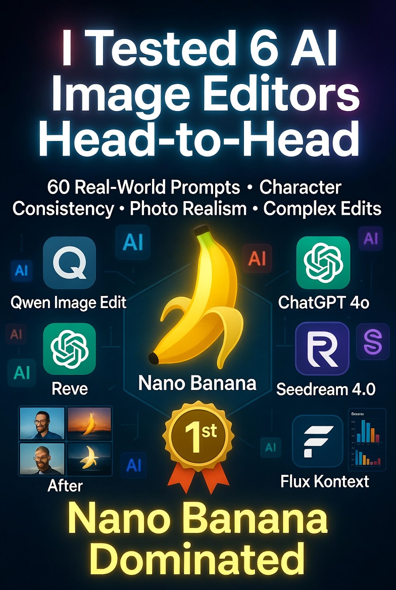 Generate_cmyxt's tweet photo. I tested 6 top AI image editors head-to-head with 60 real-world prompts: Nano Banana, Qwen Image Edit, ChatGPT 4o, Seedream 4.0, Reve, and Flux Kontext.

#AIImageEditing #NanoBanana #AItools" https://t.co/uxQ9Wcc3Hb