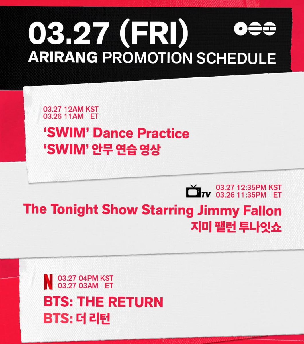 💜 HORARIOS – CALENDARIO PROMOCIONAL DE ARIRANG ✨

#BTS_SWIM – Dance Practice
📅26 de marzo
09:00 AM 🇸🇻🇳🇮🇬🇹🇨🇷🇧🇿🇭🇳🇲🇽
10:00 AM 🇵🇦🇪🇨🇵🇪🇨🇴
11:00 AM 🇩🇴🇧🇴🇵🇷🇻🇪🇨🇺
12:00 PM 🇺🇾🇦🇷🇧🇷🇵🇾🇨🇱
04:00 PM 🇪🇸🇮🇹

(+)