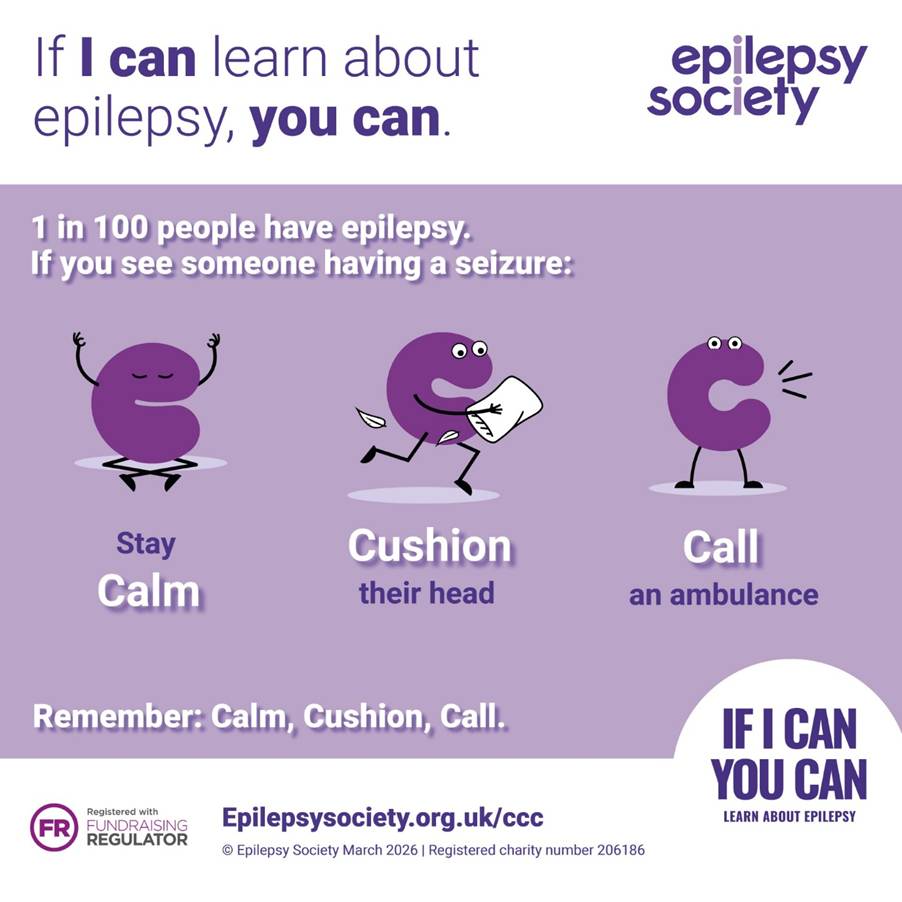 EmmaLewell's tweet photo. Today is Purple Day, and I am delighted to be supporting @epilepsysociety by sharing their simple seizure first aid: Calm, Cushion, Call. If I can learn about epilepsy, you can. #IfICanYouCan https://t.co/pMHvOhF25n