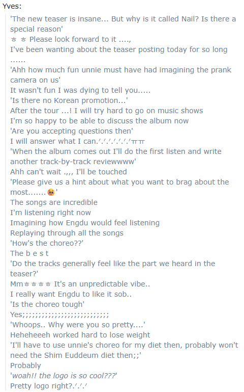 Chat highlights: Yves is pleased to be able to talk about Nail (260326)

Text links:
reddit.com/r/LOONA/commen…