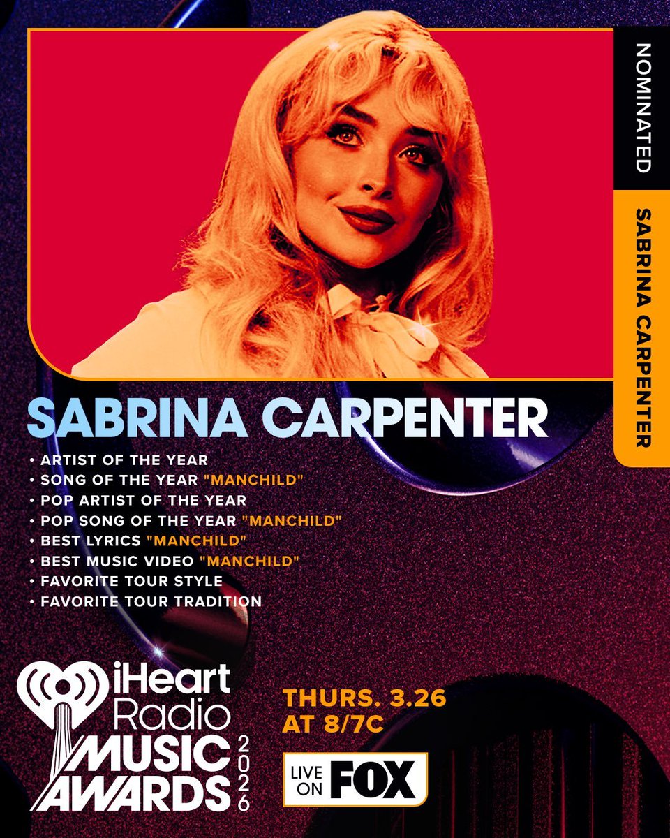 🚨| Tonight, the 2026 iHeartRadio Music Awards will be held.

— Sabrina Carpenter has 8 nominations.