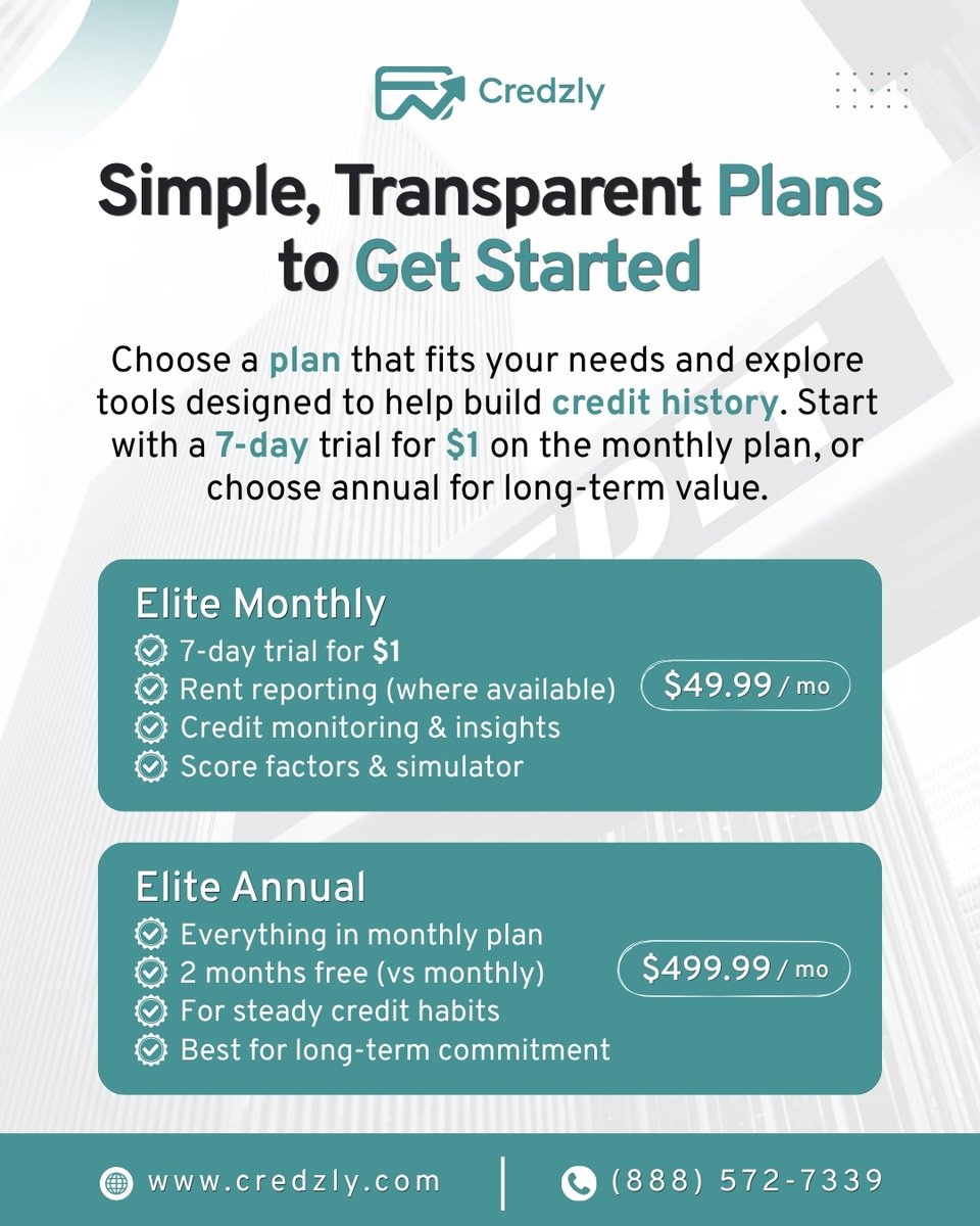 credzly's tweet photo. Simple, transparent plans to get started 💳Try Credzly for 7 days at $1 or choose annual for long-term value—no hidden fees, no contracts.
👉 https://t.co/agLrgUTAV5
#Credzly #BuildCreditHistory #CreditPlans #PersonalFinance #SmartMoney https://t.co/U1fZ6gNkau
