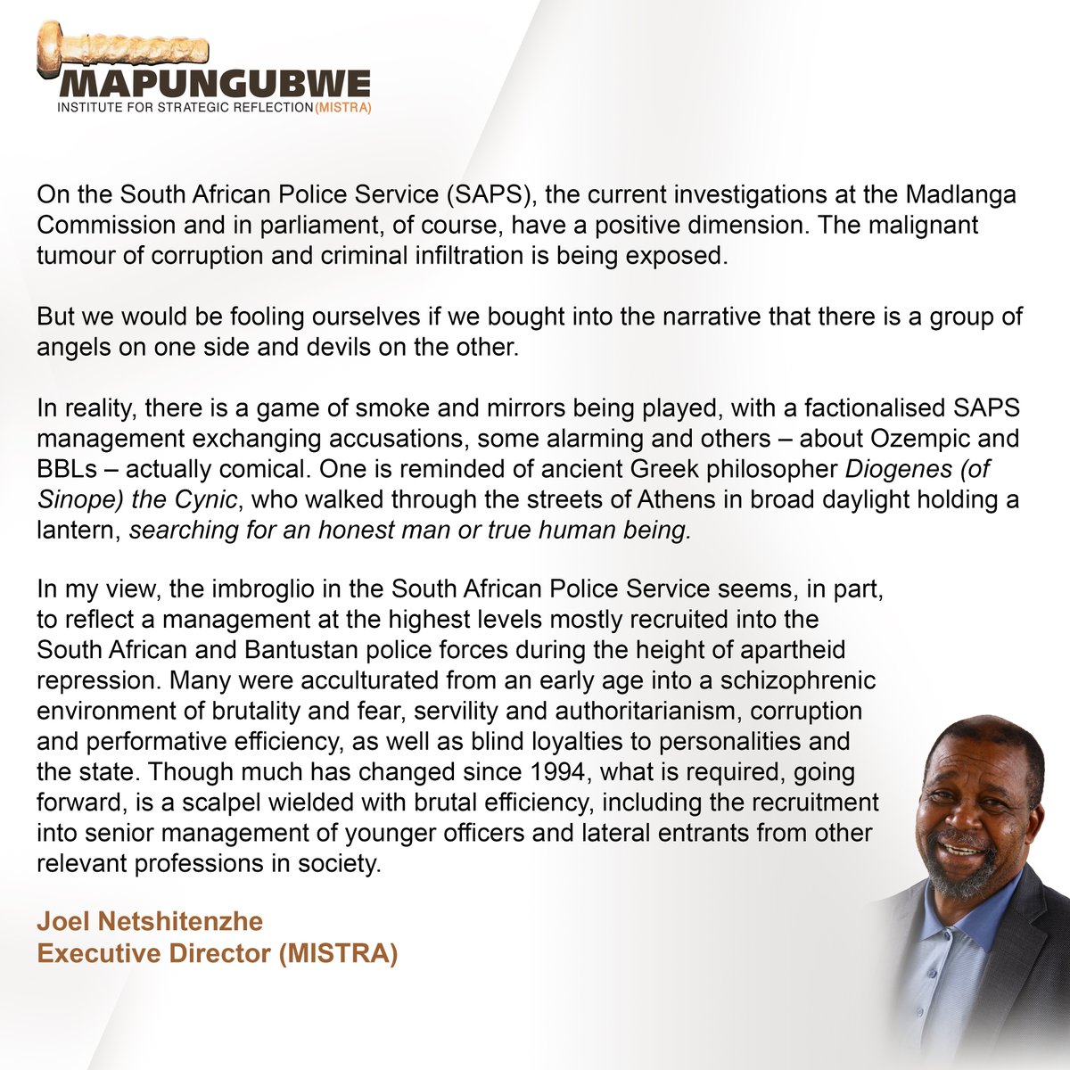 MISTRA_SA's tweet image. This #HumanRightsDay, MISTRA’s Executive Director, Joel Netshitenzhe delivered a speech at the Conversation on the State of the South African State: A Reflection on the Required Leadership. 

Hosted in partnership with The SA Human Rights Commission (Limpopo Province) and the