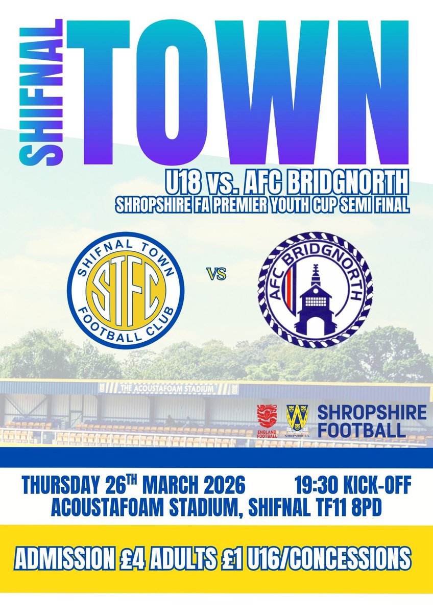 TownShifnal's tweet photo. Tonight out U18s are in FA Premier Youth Cup Semi Final action at The Acoustafoam as we host AFC Bridgnorth https://t.co/d9iAAxjM0s