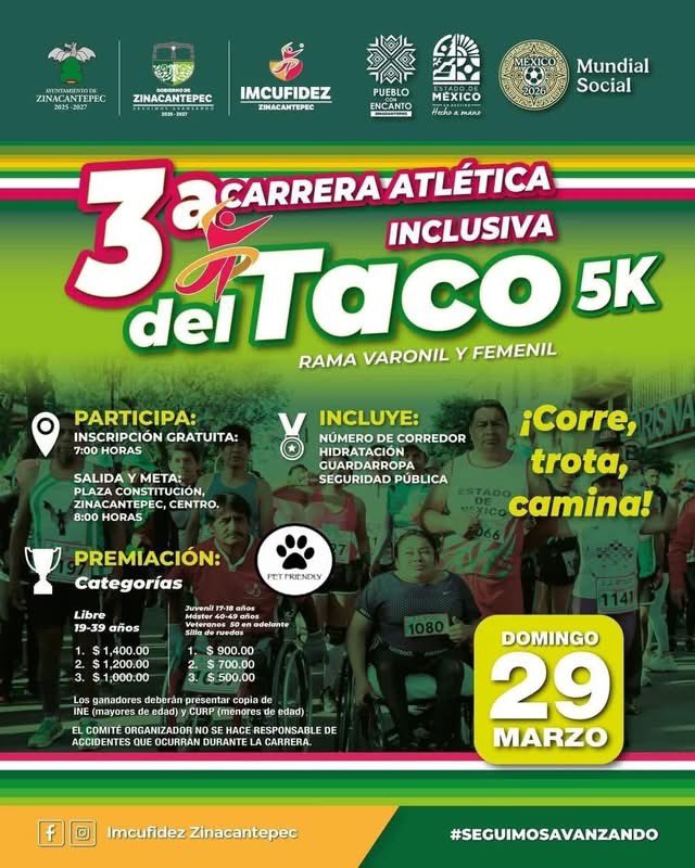 ReporteToluca's tweet image. 🌮 #Ufff 🏃🏻‍♀️‍➡️🏃🏻‍♂️‍➡️ Ya viene la Carrera Atlética Inclusiva “Del Taco 5K” en Zinacantepec

Toda la información aquí 🌐reportevalledetoluca.com/invitan-a-la-3…