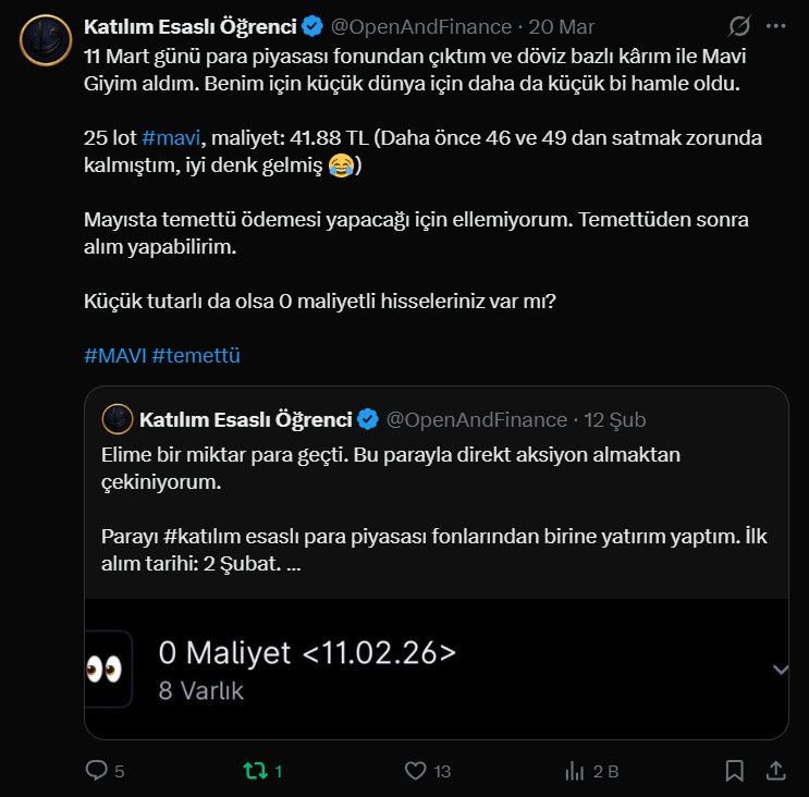 OpenAndFinance's tweet photo. 0 maliyet ile tuttuğum #MAVI kağıdına halka arz karlarımı ve bayram harçlıklarımı ekledim. Güncel olarak 130 lota çıkardım. (ytd)

6 Mayıs 2026'da 0 maliyetli 130 lottan 184,87 TL temettü ödemesi alacağım. Küçük hamleler ile yola devam :)

#bist #temettü #maliyet0 https://t.co/3kx2cq94wG