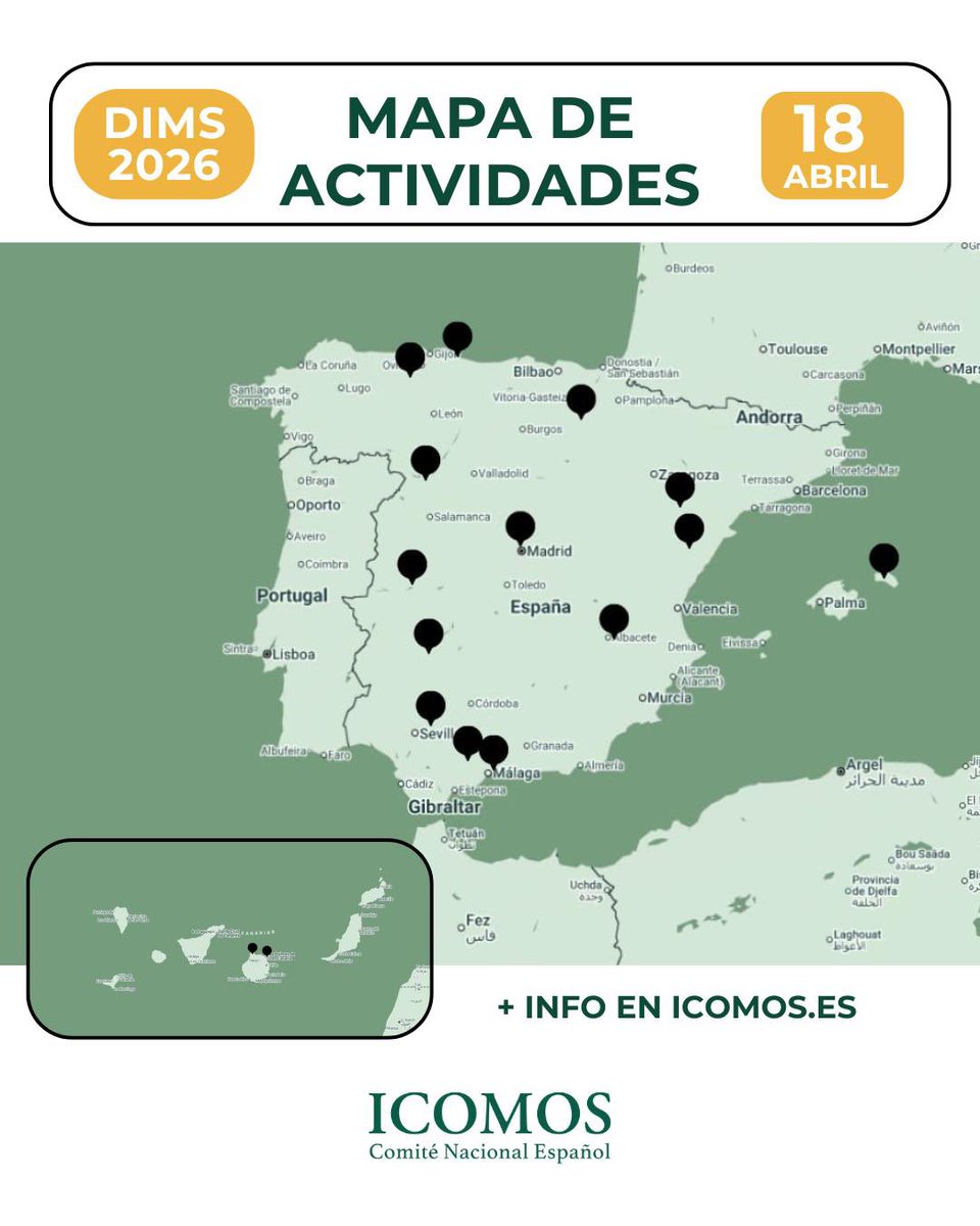 ICOMOS_esp's tweet photo. 🌍 #DIMS2026 #DIMS

¡Recuerda consultar el #mapainteractivo de actos para conmemorar el #DíaInternacionalDe los #MonumentosySitios en España, con actividades y seminarios dedicados a temas #patrimoniales, que se desarrollarán este mes de abril!
🔗👇

https://t.co/AiIeRX6Zxf https://t.co/Svnpli84Ar