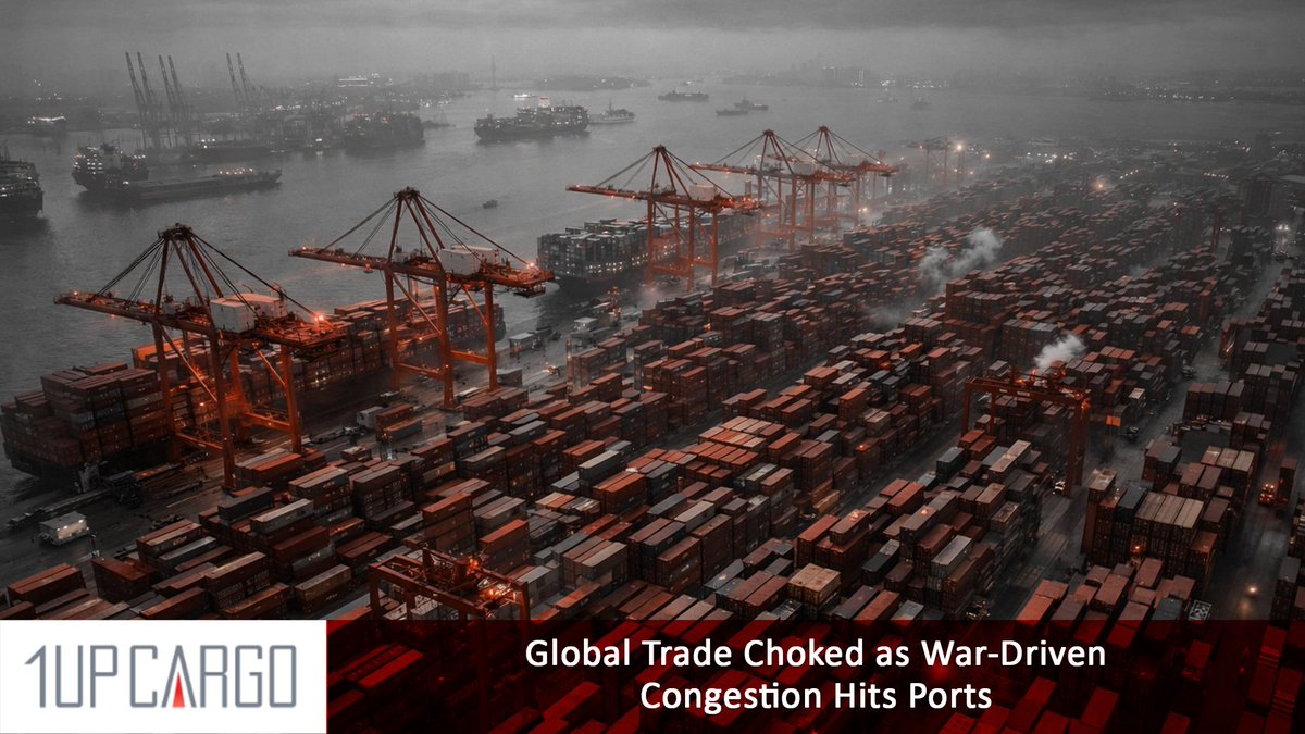 1up_cargo's tweet photo. Global shipping networks are facing rising congestion as the impact of the Middle East conflict continues to ripple across ports and trade routes. 

🔗 Read more:
https://t.co/D9bN8buPhx

#OceanFreight #GlobalTrade #SupplyChain #Logistics #PortOperations #FreightForwarding https://t.co/5efD8CMycv