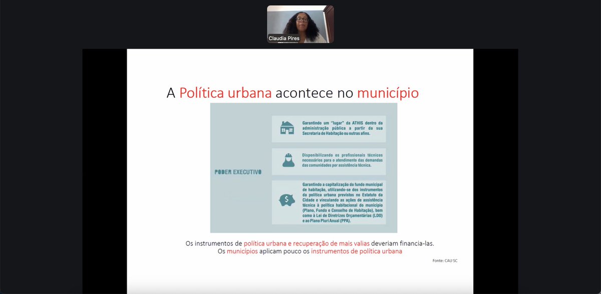 PlataformaUHPH's tweet photo. @ipeaonline Claudia Pires Arquitecta Urbanista, profesora y doctora por la FAU-USP, nos comenta sobre su experiencia  brindando Asistencia Técnica a comunidades y movimientos sociales. https://t.co/6t6YkafrbA