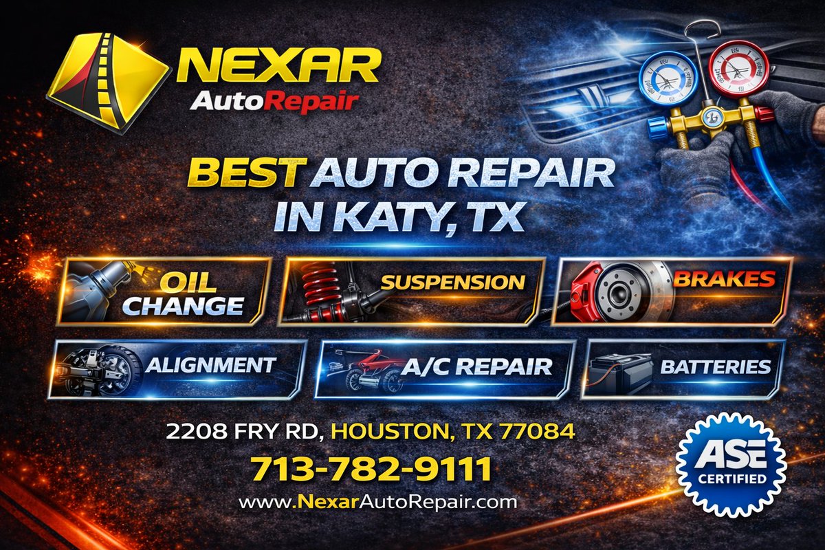 NexarAuto1's tweet photo. 🚗⭐ Great service. Honest work. No surprises.
That’s the Nexar Auto Repair promise.
From brakes &amp; AC repair to alignments &amp; oil changes — we keep Katy &amp; West Houston drivers on the road with confidence.

📍 2208 Fry Rd, Houston, TX
📞 713-782-9111
🌐 https://t.co/lbBBQlqiWr https://t.co/jOhMlfjZAc