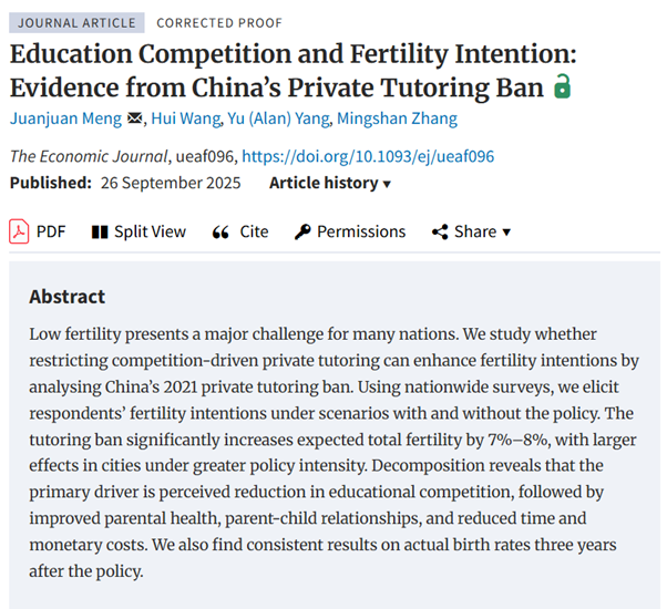 EJ_RES's tweet photo. Forthcoming in EJ: ‘Education Competition and Fertility Intention: Evidence from China’s Private Tutoring Ban’ by Juanjuan Meng, Hui Wang, Yu (Alan) Yang, Mingshan Zhang https://t.co/JZMlTcgRVr @RoyalEconSoc #EconTwitter https://t.co/ViOVrGtF3V