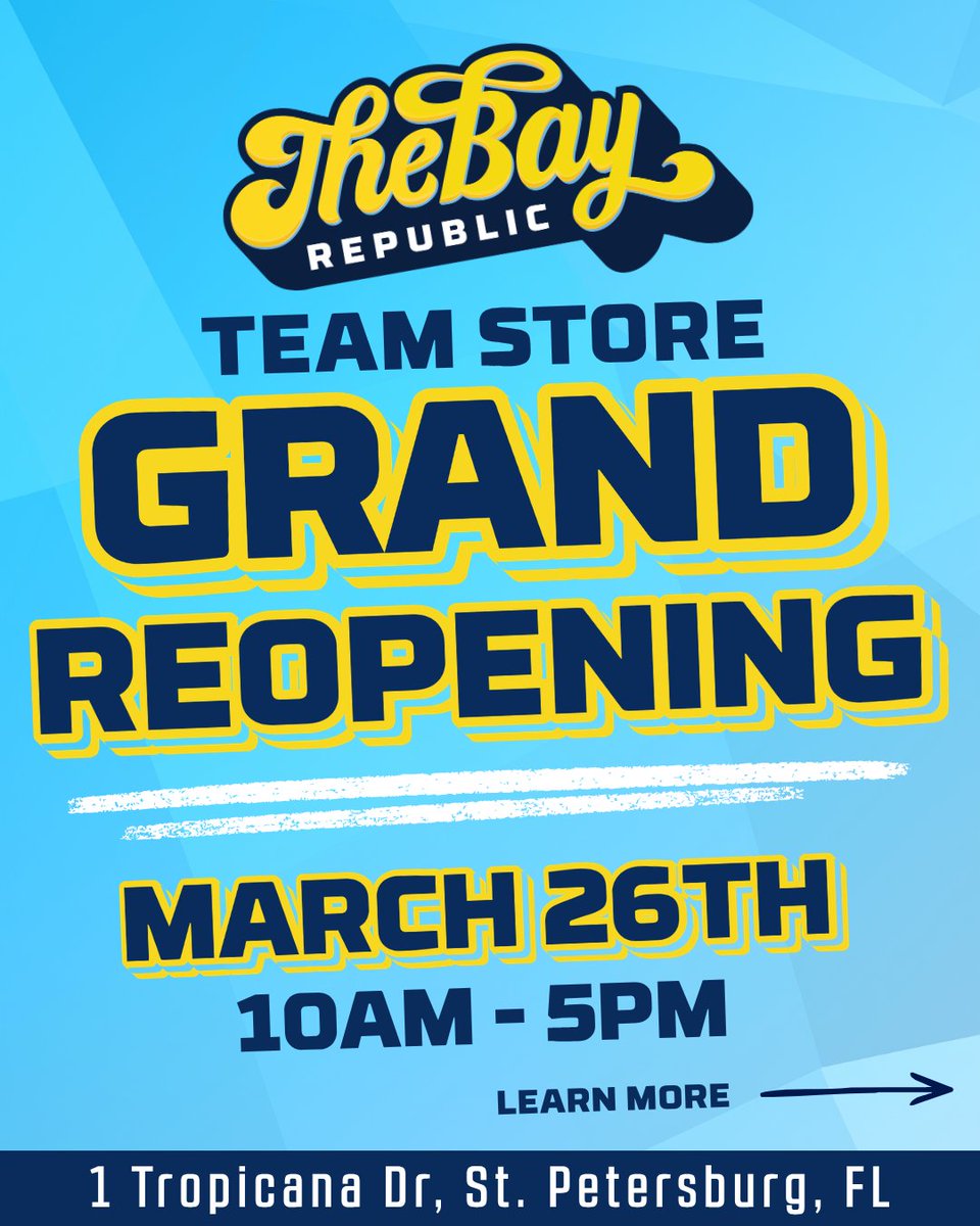 TheBayRepublic's tweet photo. The Bay Republic Team Store is back at Tropicana Field!⚾ Join us for our Grand Reopening TODAY 10am - 5pm. Swipe for more info!
#TropicanaField #RaysBaseball https://t.co/Z050LsnysH