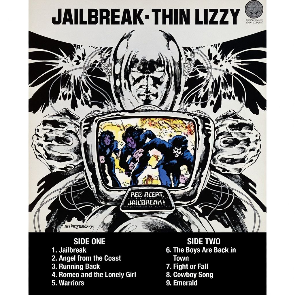 crockpics's tweet photo. Thin Lizzy’s Jailbreak hit shelves exactly 48 years ago today. The sixth studio album, the one with “The Boys Are Back in Town,” the one with the legendary Jim Fitzpatrick cover — pure hard-rock perfection. Who else still cranks this up loud?   Favorite track? Did you or do you have this album? What format?
#ThinLizzyLegend #ClassicRock