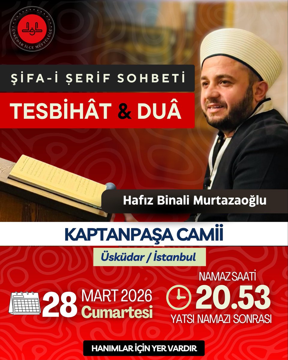 binalimurtaza's tweet photo. ‼️ DUYURU ‼️

➡️ SOHBET ⬅️

➡️ ZİKİR ⬅️

➡️ DUA ⬅️

Ramazan ayı sebebiyle ara verdiğimiz
sohbet, zikir ve dua programımıza yeniden başlıyoruz.

Her Cumartesi yatsı namazından sonra
sohbet, dua ve hadis okumalarıyla bir araya geliyoruz.

İlim, zikir, dua ve muhabbet meclisimize
tüm kardeşlerimizi bekliyoruz.

Yer: Üsküdar Kaptan Paşa Cami
Tarih: 28 Mart (Cumartesi)
Saat: Yatsı Namazı (20:53)

Hanımlar için yer vardır