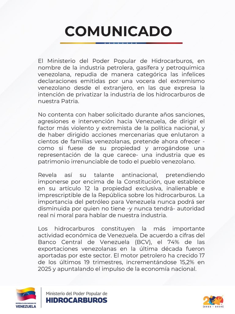 madeleintlSUR's tweet photo. ¿Por qué el Ministerio de Hidrocarburos de Venezuela reaccionó ante una “infeliz” propuesta? 

Resulta que la extremista MCM, quien apoyó la invasión y el bombardeo de EEUU contra Venezuela, se atrevió a ofrecer los recursos petroleros y mineros  como si fuese dueña del país. Ella es la nada, es una opositora extremista. 

Lo peor es que usurpa el nombre de todos los venezolanos hablando que PDVSA dejaría de ser la industria petrolera para convertirse en una simple oficina, si ella, en su mundo, llegara al poder. 

Así que el Ministerio de Hidrocarburos, en representación de la industria petrolera, gasífera y petroquímica de Venezuela, emitió un comunicado oficial para repudiar categóricamente las declaraciones de sectores extremistas desde el exterior.

En el documento, la institución califica de "infelices" las intenciones manifiestas de privatizar los recursos soberanos de Venezuela, reafirmando el carácter público y nacional de la gestión de hidrocarburos frente a las pretensiones de voceros de la oposición vinculados a intereses extranjeros.