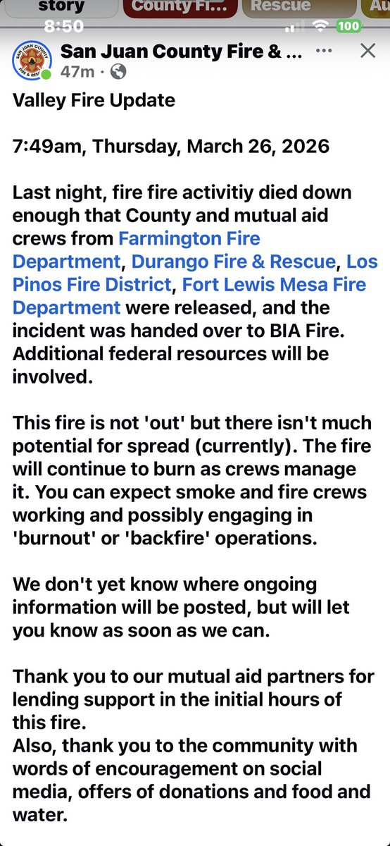 Bewickwren's tweet photo. Update on #ValleyFire in San Juan County
March 26 2026 8 AM
#NMFire
🔥🔥🔥 https://t.co/a0Ax1dHVVt