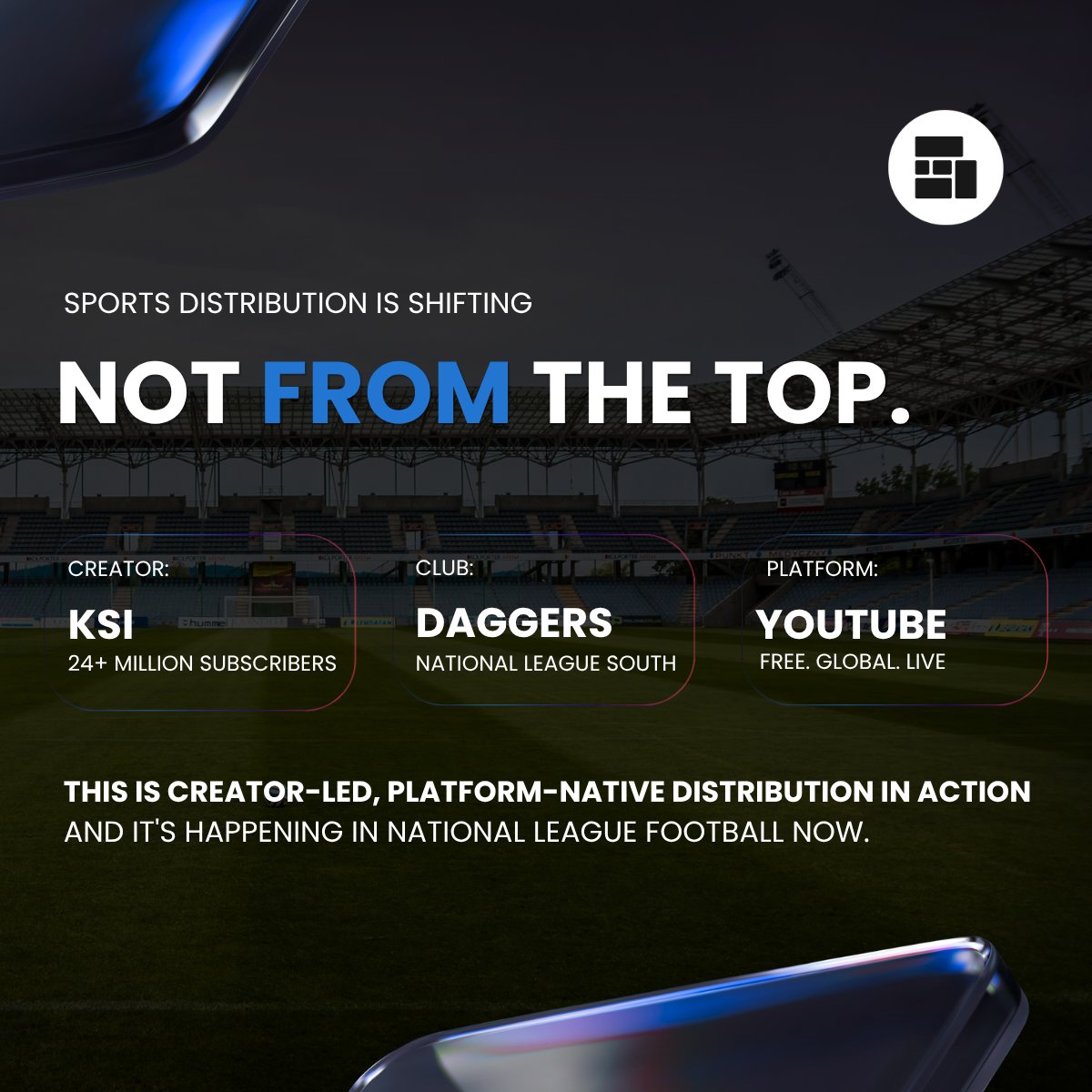 Grabyo's tweet photo. ⚽ A sixth-tier match just went global.

KSI streams Dagenham &amp; Redbridge live on YouTube—free, worldwide.

No broadcaster. No paywall. Just creator-led distribution.

This is the shift: platform-native, hybrid rights.

More:
📰 https://t.co/qg3RUOVg85 
👉 https://t.co/ZIEfrP9jCP https://t.co/laiVohk1xN