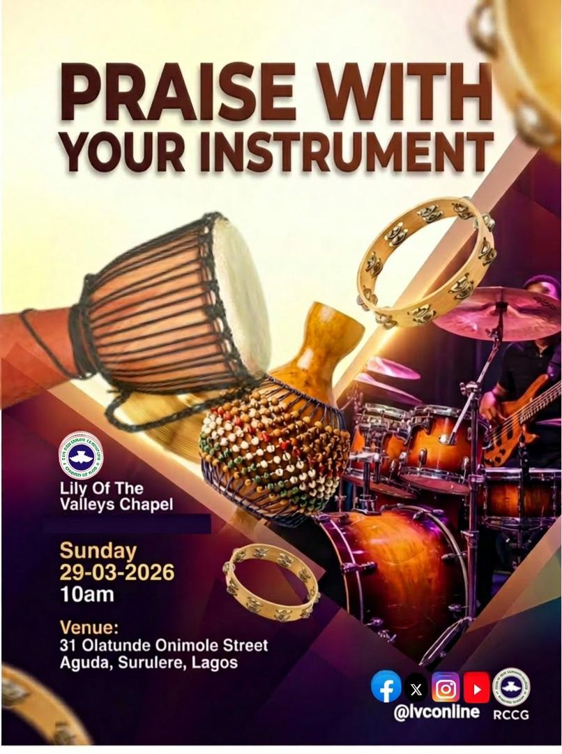 lvconline's tweet photo. Join us this Sunday, 29th March, 2026 by 10am as we Praise God with our Instruments.
Yes, come along with any kind of instrument as we praise God together. 
Don't forget to invite someone. 
God bless you. https://t.co/r0MVIwzjir