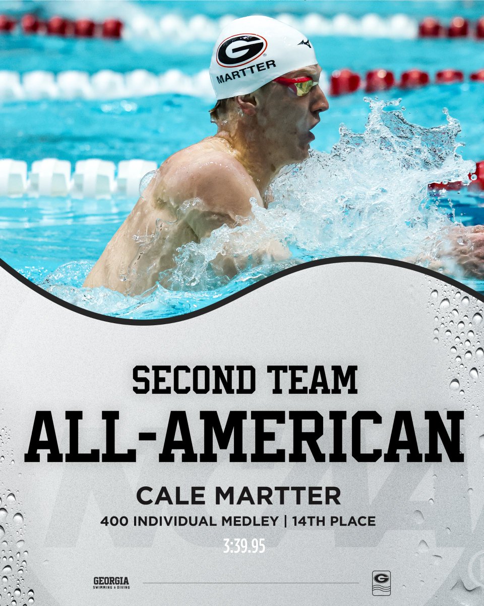 UGASwimDive's tweet photo. 🇺🇸 𝐒𝐄𝐂𝐎𝐍𝐃 𝐓𝐄𝐀𝐌 𝐀𝐋𝐋-𝐀𝐌𝐄𝐑𝐈𝐂𝐀𝐍

Cale Martter finishes 14th in the 400y individual medley with a personal-best time of 3:39.95, remaining the seventh-fastest performer in program history!

#NCAASwimDive | #GoDawgs 🐾 https://t.co/09LGECt5RD
