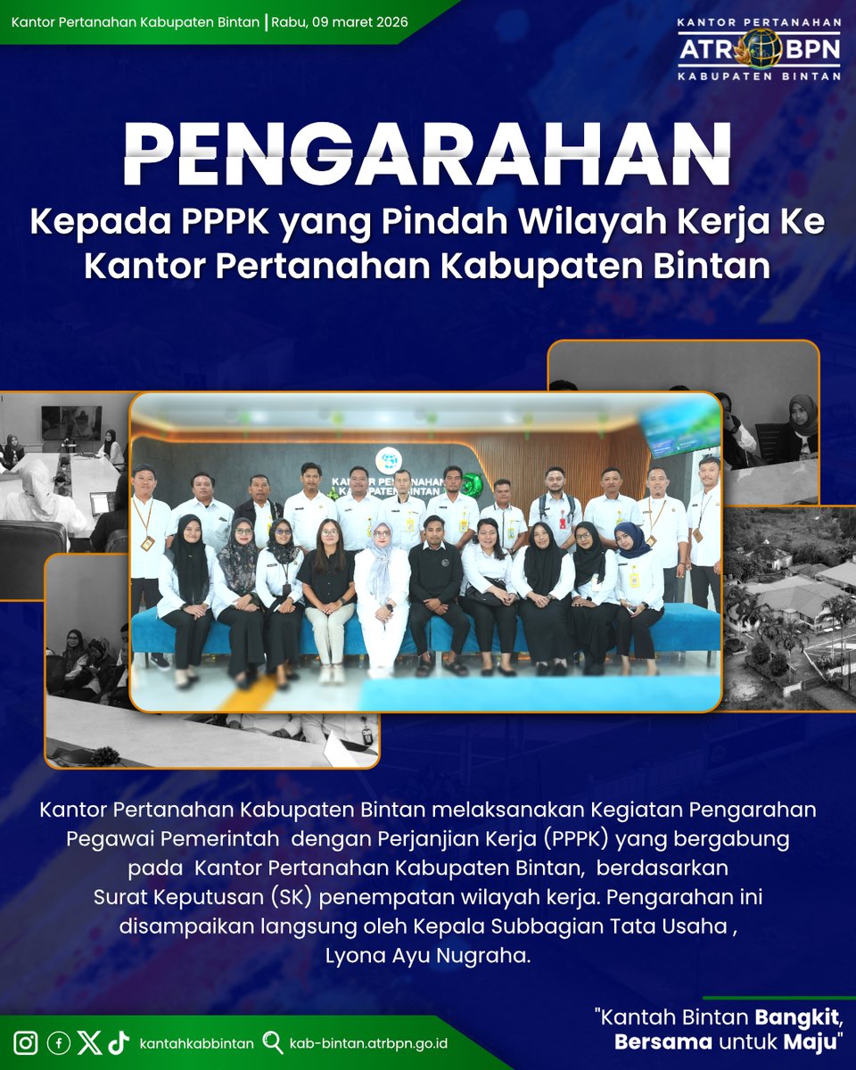 atrbpnbintan's tweet photo. Halo #sobATRBPNBINTAN Bintan (26/03/2025) Kantor Pertanahan Kabupaten Bintan melaksanakan Kegiatan Pengarahan
Pegawai Pemerintah  dengan Perjanjian Kerja (PPPK) yang bergabung  
di lingkungan  Kantor Pertanahan Kabupaten Bintan.

Selengkapnya pada informasi diatas ya sob! https://t.co/gBR41Xdts7