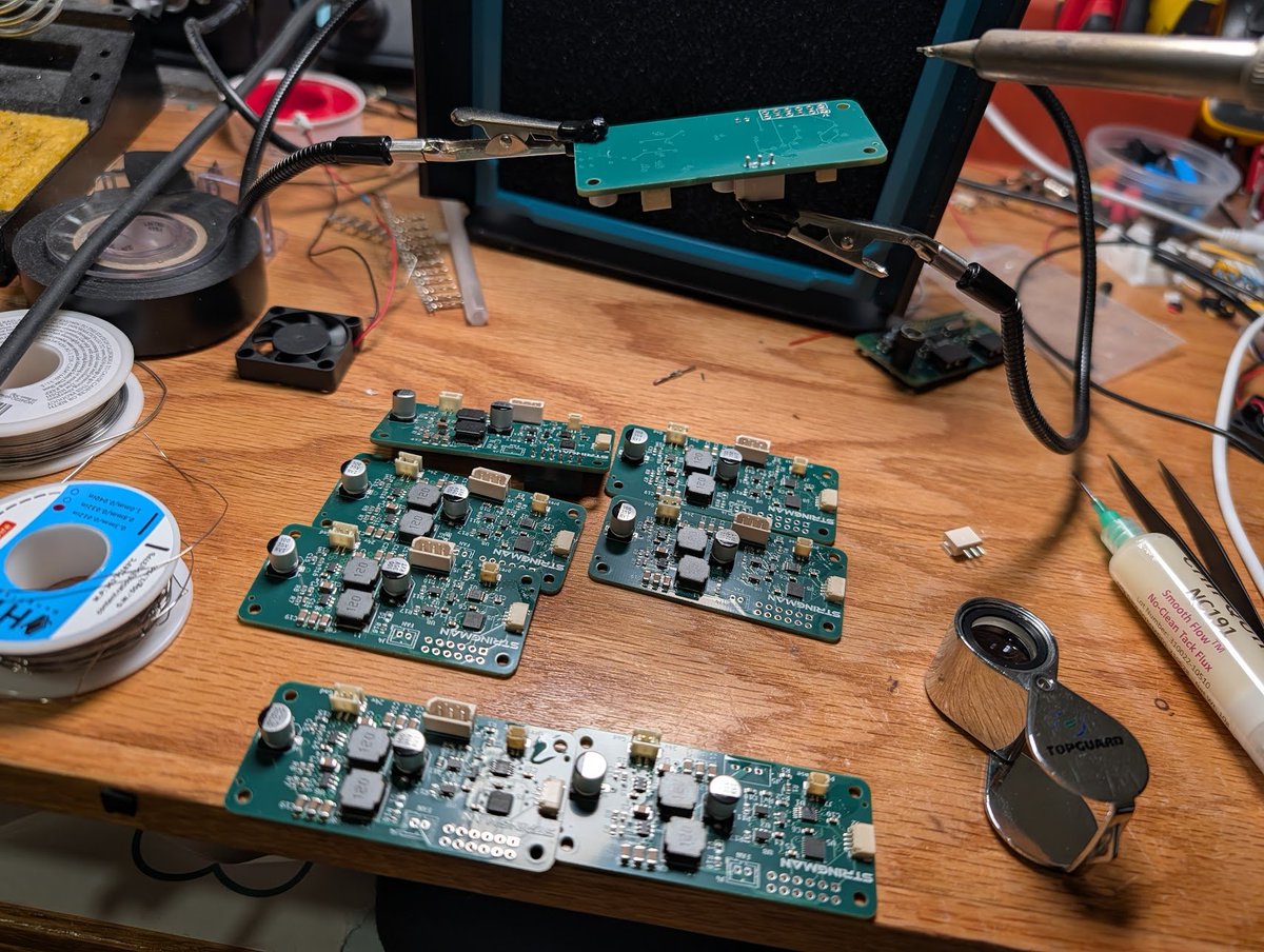 Finishing through hole parts on 10 boards for the Arpeggio Gripper of Stringman