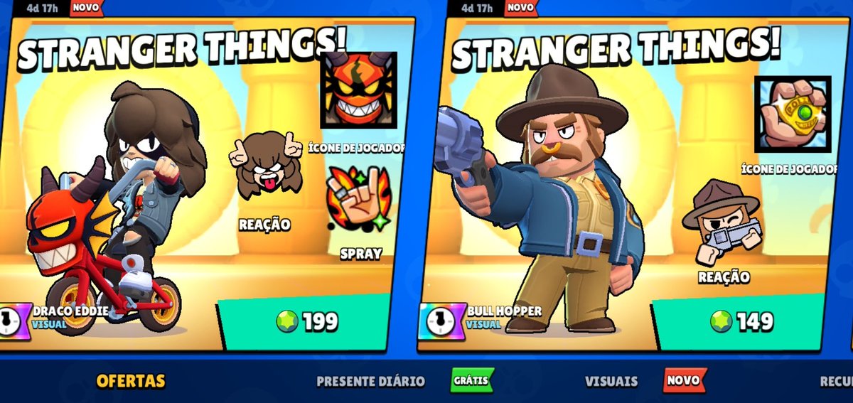 JackyBryan5's tweet photo. Skins de Stranger Things na loja do Brawl Stars por tempo Limitado!! E esse é o preço delas:

Gus Will - 149 gemas (épica)
Bull Hopper - 149 gemas (épica)
Berry Scoops Ahoy - 149 gemas (épica)
Draco Eddie - 199 gemas (mítico)

⚠️Lembrando⚠️ skin da Onze foi de passe e não loja!!! https://t.co/OYKrUJF8YW