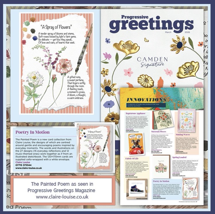 ClaireLouiseH's tweet image. Thank you so much for featuring The Painted Poem in this month’s Progressive Greetings Magazine 💫
Here’s to more paint, more poetry, and a little bit of magic along the way ✨
@Prog_Greetings 
#thankyou #smallbusinessuk #creativebusiness #artistlife #greetingscards