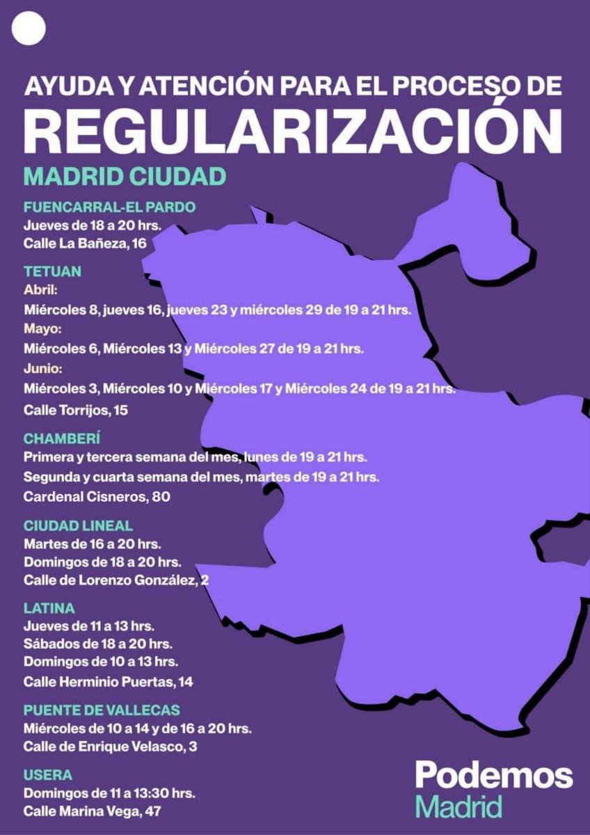 Regularizar tu situación en España es tu derecho.
Abrimos nuestras moradas para asesorar a vecinas y vecinos migrantes: dudas, trámites y documentación.
Horarios y direcciones. 
🗓 Abril–junio
🟣 Sigue el canal de Podemos Madrid
#RegularizarEsTuDerecho