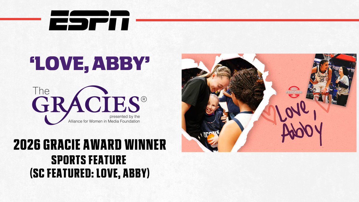 ESPNPR's tweet photo. Congrats to ESPN’s 2026 #TheGracies winners

SC Featured 'Love, Abby'
🏆 Sports Feature https://t.co/LFuq1X8Rv9