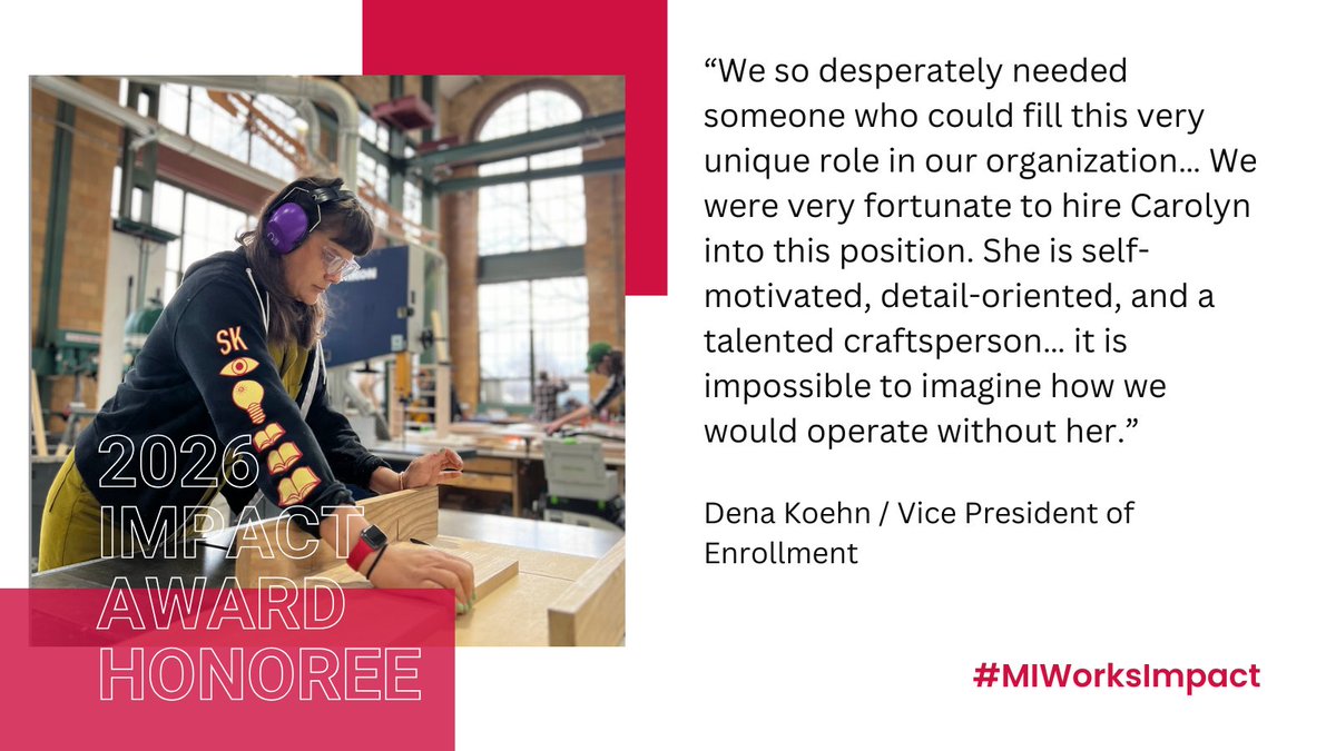 MichWorksAssn's tweet image. Congrats to Carolyn Racine of @SamBWoodShop, recognized by @MichWorksSE as a 2026 Michigan Works! Impact Award honoree! 

Excited to celebrate this Southeast Michigan workforce success story on April 8 in Lansing. #MIWorks #MIWorksImpact