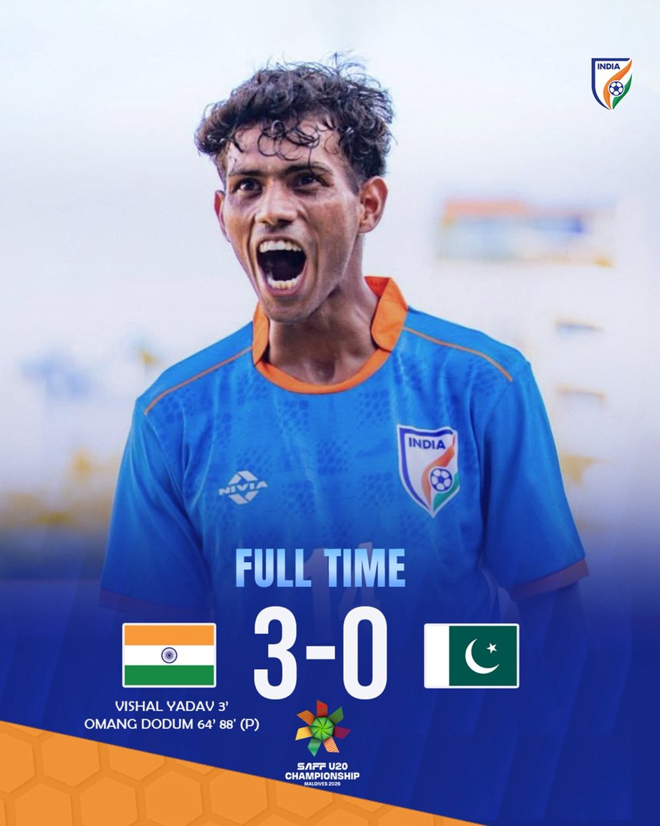 ddsportschannel's tweet image. #TeamIndia kicks off their #U20SAFF2026 campaign in style, outclassing Pakistan by 3-0.

A pure dominance on the field!

Pic credit: @IndianFootball 

#INDvsPAK #IndianFootball