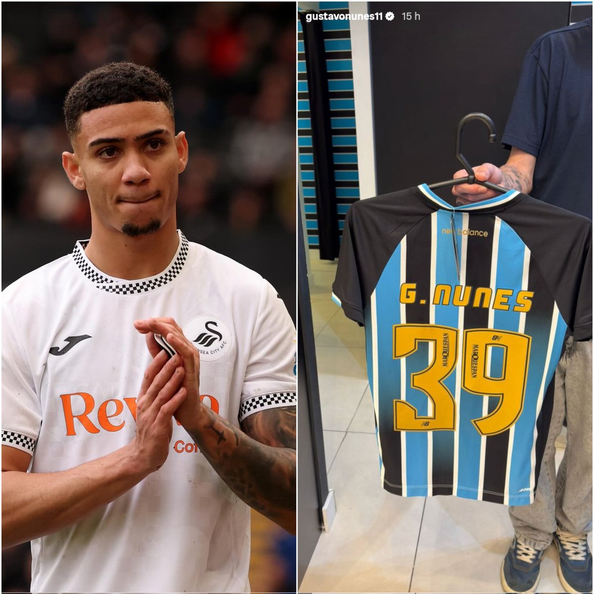 🔵😏 Querendo voltar? 

Gustavo Nunes, está em Porto Alegre e postou foto com a nova camisa do Grêmio, hoje na Inglaterra, no #Swansea, emprestado pelo #brentford.

Detalhe : Grêmio tentou por duas vezes nas últimas duas janelas o retorno do atacante por empréstimo e não