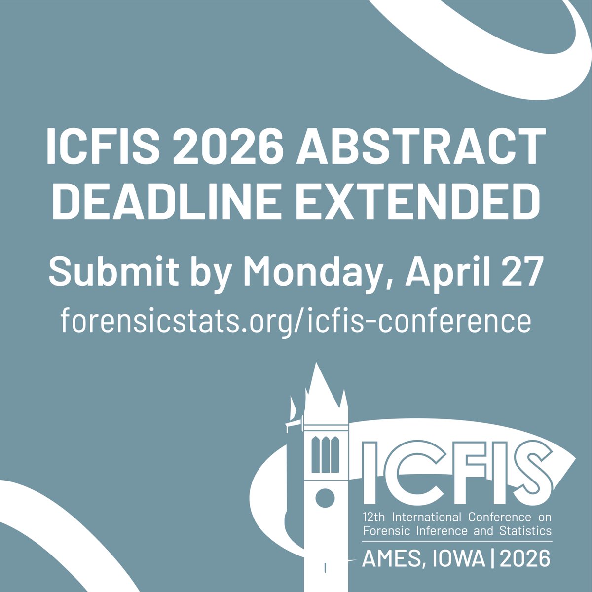 CSAFE_CoE's tweet photo. ICFIS 2026 Abstract Deadline Extended!
You now have until Monday, April 27 to submit a presentation or poster abstract. 
Visit the ICFIS 2026 website for more details: https://t.co/YlqgWKsHkG
#ICFIS2026 #ForensicScience #Statistics https://t.co/0CjG2BzBA2