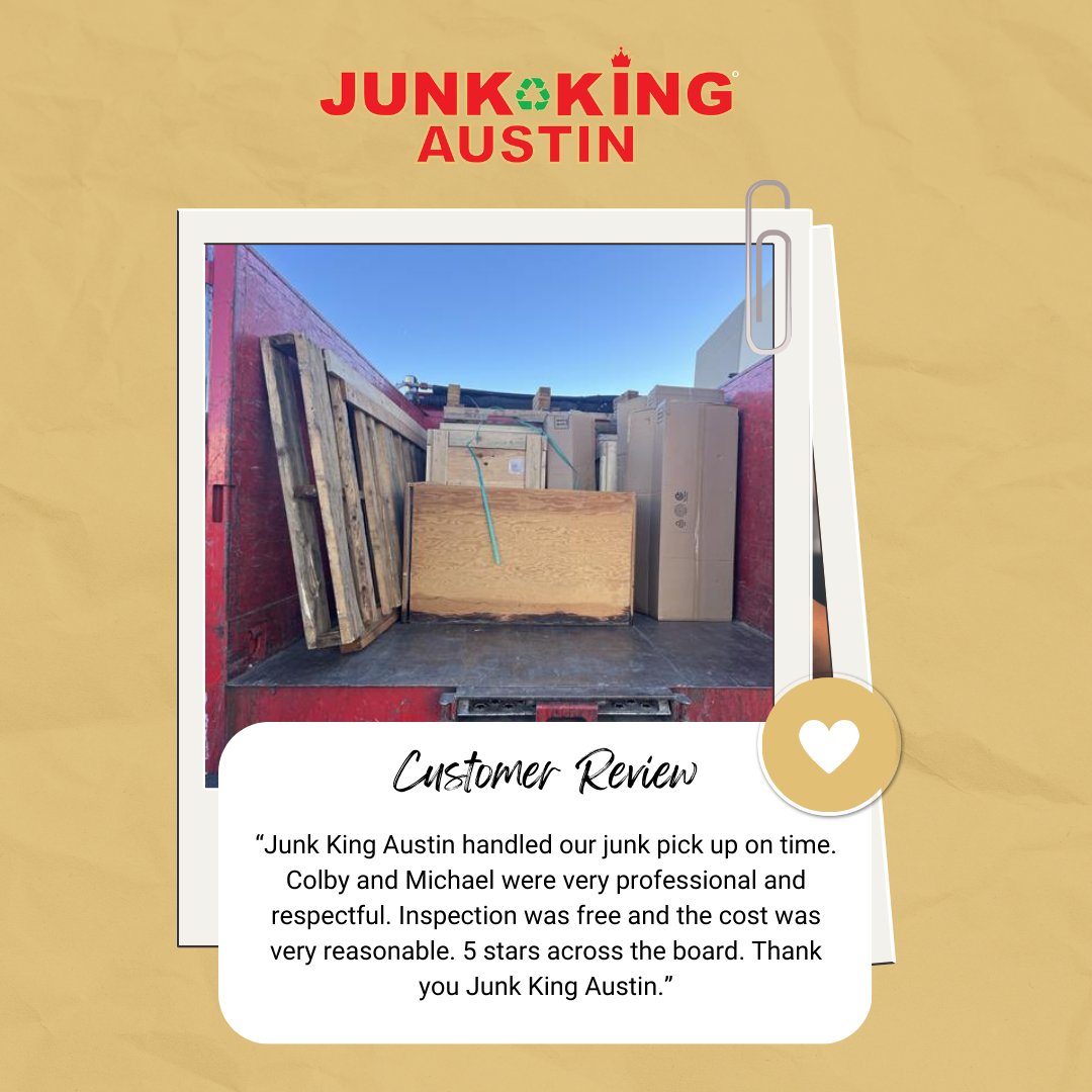 AustinJunkKing's tweet photo. On time. Professional. Reasonably priced. That's how we do it at Junk King Austin! 👑 Free inspection included — no surprises, just results. 📞 1-888-888-JUNK https://t.co/hvza6eIcyv