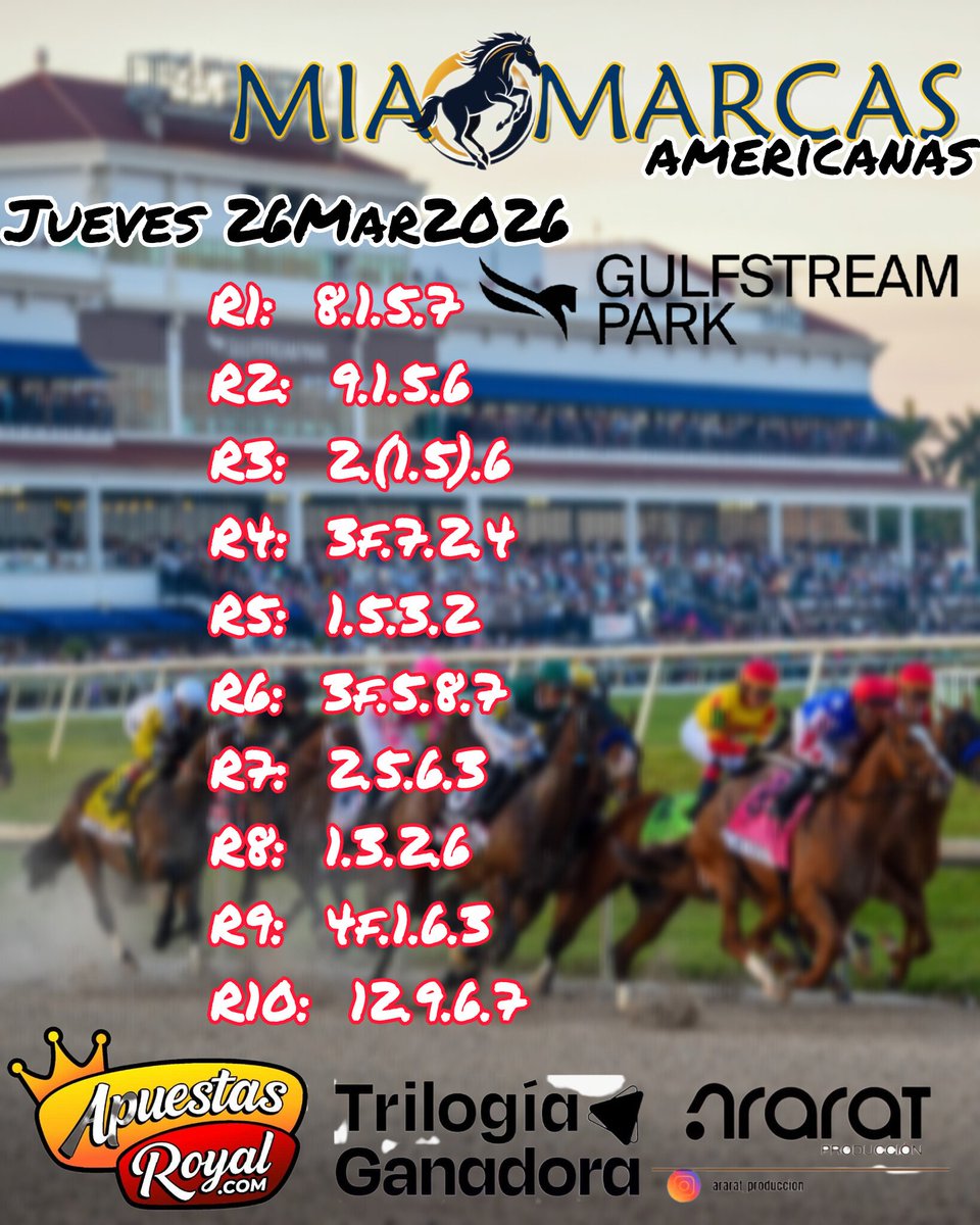 MiaMarcas's tweet photo. Hipismo #GulfstreamPark
#MiaMarcasamericanas
Jueves 26Mar2026
#ApuestasRoyal
#TrilogiaGanadora
#AraratProduccion https://t.co/VxOJmnz11A