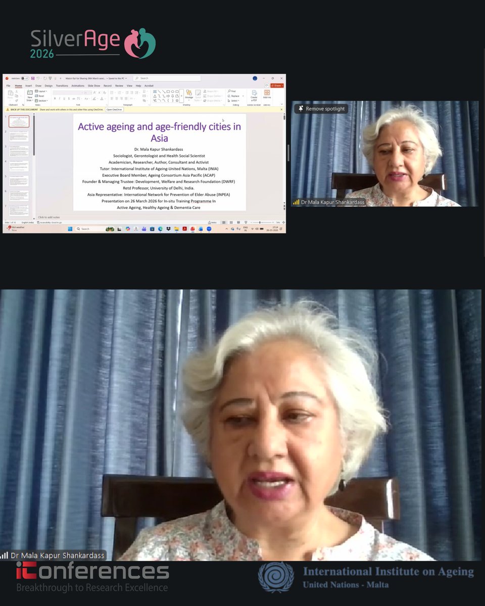 conferences_i's tweet image. Day 4 sessions:
👩‍🏫 Dr. Rosette Farrugia-Bonello – Dementia-friendly communities
👩‍🏫 Prof. Mala Kapur Shankardass – Active ageing &amp;amp; age-friendly cities in Asia#SilverAge2026 #ActiveAgeing #DementiaCare #AgeFriendlyCities