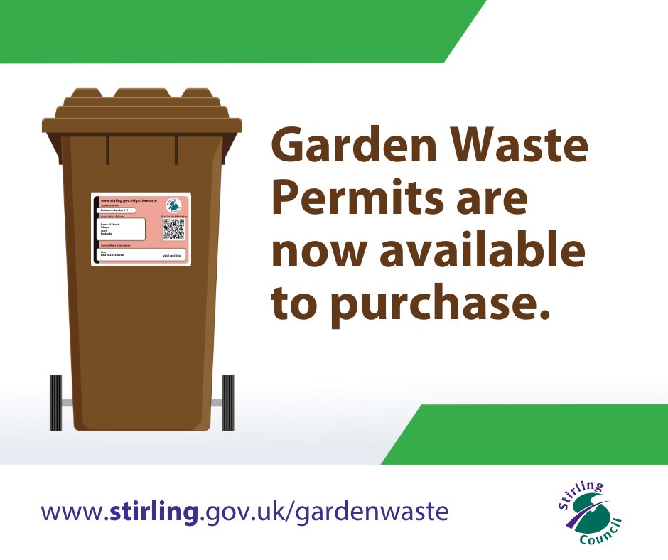 StirlingCouncil's tweet photo. ♻️⌛️ Time is running out for Stirling residents to apply for their 2026/27 annual Garden Waste Recycling Permit before this year's service starts on 13 April 2026.

Any permit orders after Friday 28 March are not guaranteed to arrive before Monday 13 April when the new permits come into effect for the coming year.   

The permit allows residents to have garden waste collected in the same bin as their food waste every two weeks. Those who do not purchase a permit will still have food waste collected in the brown bin, for free, every two weeks.
 
More than 19,000 were purchased last year, and details of how to register and pay for the permit are available on our website: https://t.co/DZ2QvLZc1W 

Councillors confirmed at this year’s budget-setting meeting that the permit will rise by £8 to £60. The price of a permit for Stirling Council residents remains in line with many other local authorities in Scotland, averaging at £2.30 per uplift.
 
Some households, including those in receipt of a council tax reduction, will receive the permit for free as part of a concession scheme. The Council will send out these permits to anyone eligible by 13 April 2026.
 
For further details and to pay for a permit, visit:  https://t.co/DZ2QvLZc1W