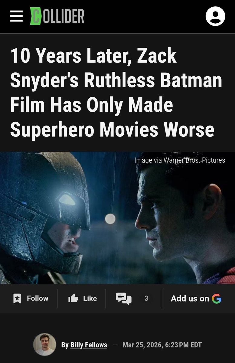 DarkKnightsFan's tweet photo. Here is your Headline for the day 
#SnyderVerse 

Its true... 

Since Zacks SnyderVerse films, Super Hero movies look more BASIC! 

https://t.co/sn0EY5xyog https://t.co/SdM3pvwGAG