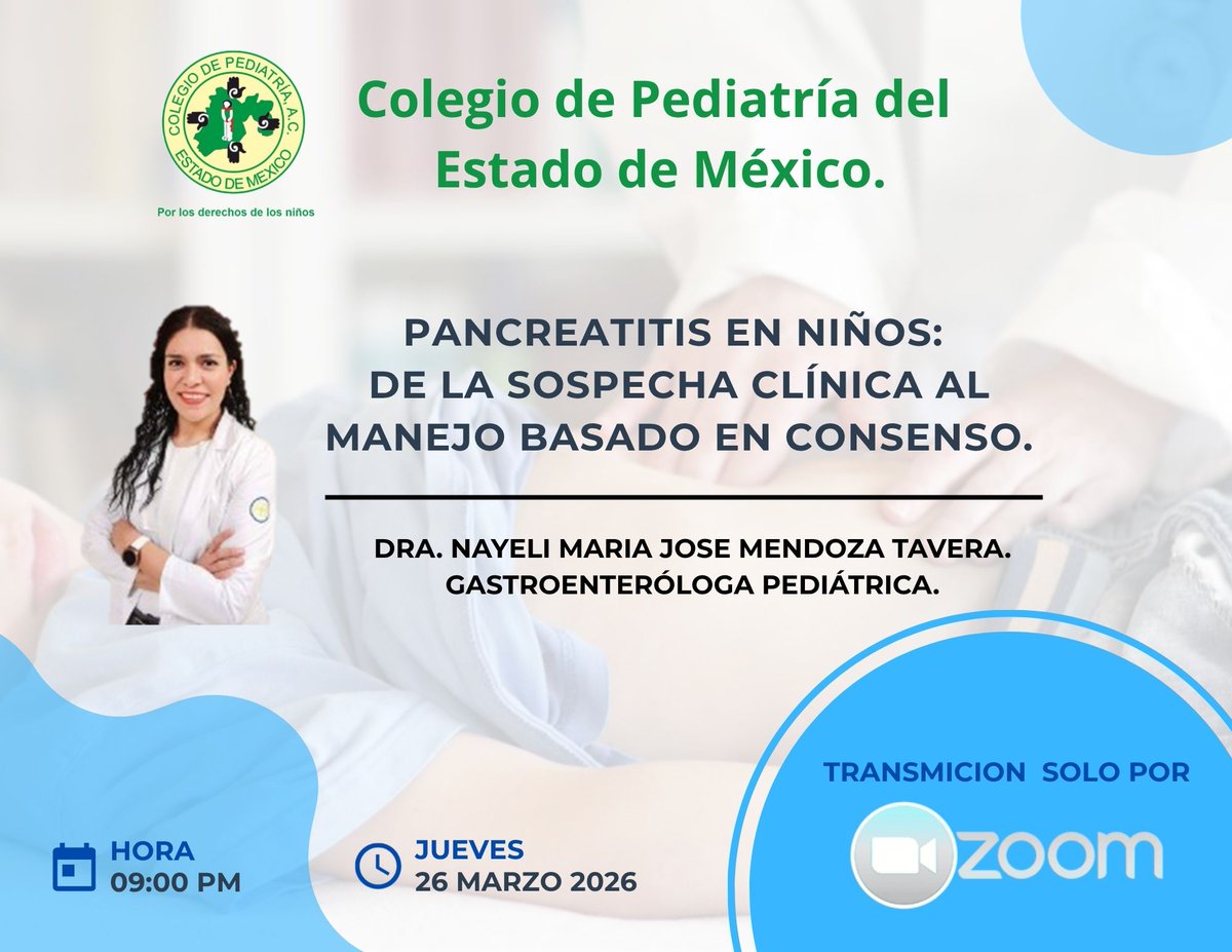 ColPedEdoMex's tweet photo. Tenemos el honor de invitarlo a la sesión del mes de marzo.

Pancreatitis en niños: de la sospecha clínica al manejo basado en consenso.

Dra. Nayeli Maria Jose Mendoza Tavera.

26 marzo 2026 09:00 p. m. Cd de Méx.

Únase
https://t.co/hL87QZWsZE

ID: 868 3567 1795
Acceso: 235648 https://t.co/V9jPtJ6Kfe