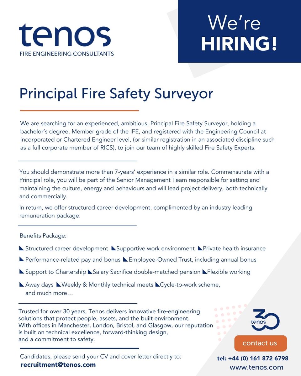 tenosfire's tweet photo. We're Hiring!

If you're a Principal Fire Safety Surveyor and interested in joining the Tenos team, give us a call or email recruitment@tenos.com! https://t.co/vl2y55dvJI