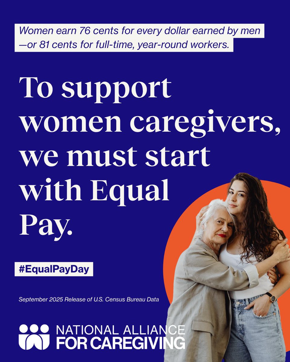 NA4Caregiving's tweet image. To support women caregivers, start with #EqualPay.

Women earn 76¢ for every dollar men earn.

3 in 5 family caregivers are women—they face more stress and financial strain than men.

Closing the care gap starts with closing the #wagegap.   

Explore: caregivingintheus.org